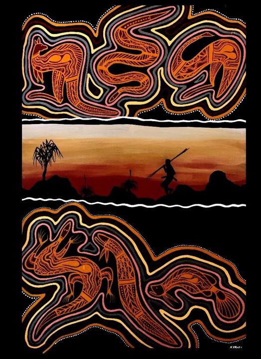 Kandanda artwork — totems and hunter on Country